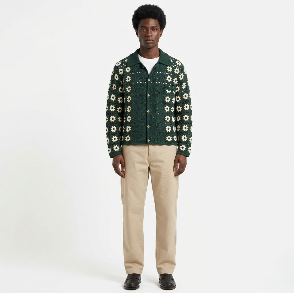 Handmade Granny Square Crochet Shirt Jacket for Men – Forest Green