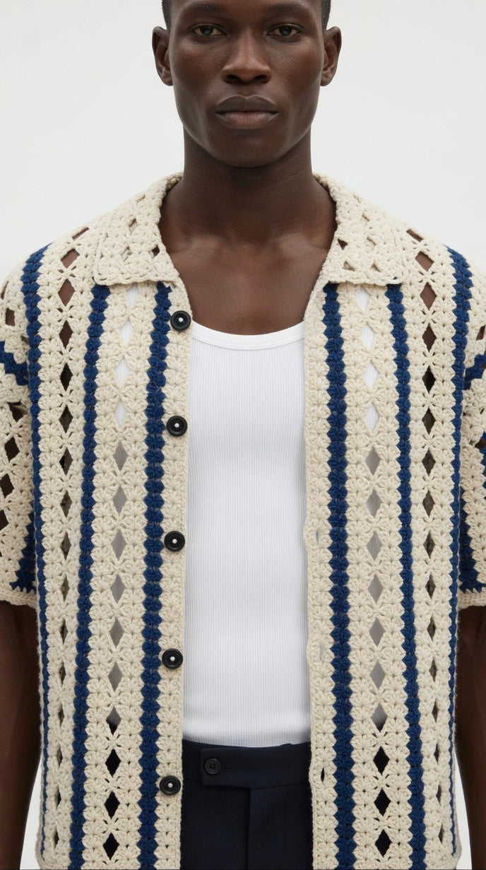Kairo Sheer Geometric Stripe Crochet Shirt
