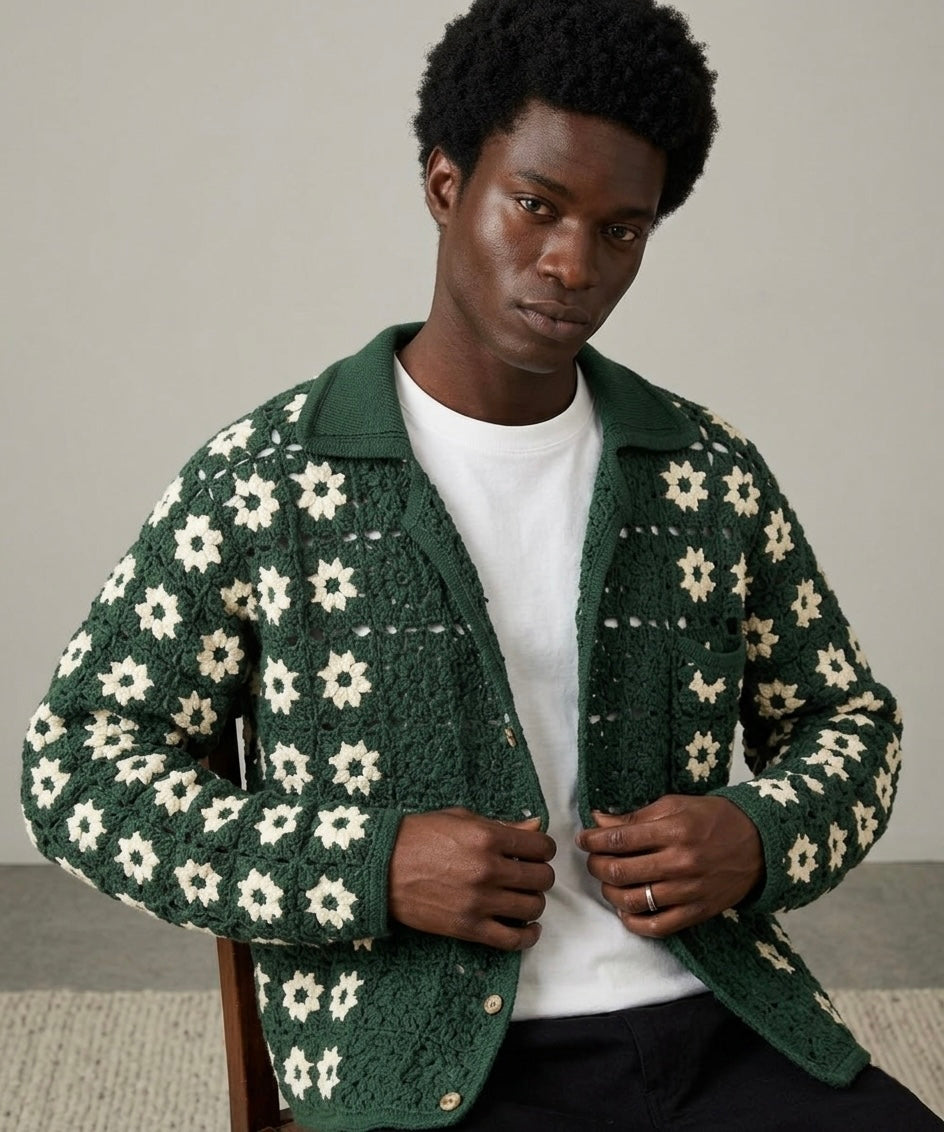 Handmade Granny Square Crochet Shirt Jacket for Men – Forest Green