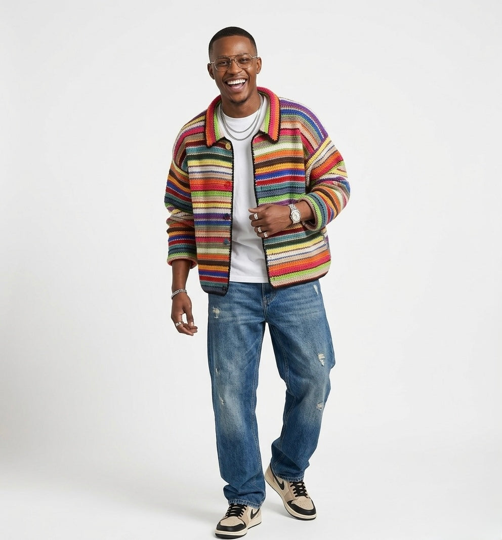 Handmade Multicolor Crochet Jacket for Men – Striped Knit Cardigan