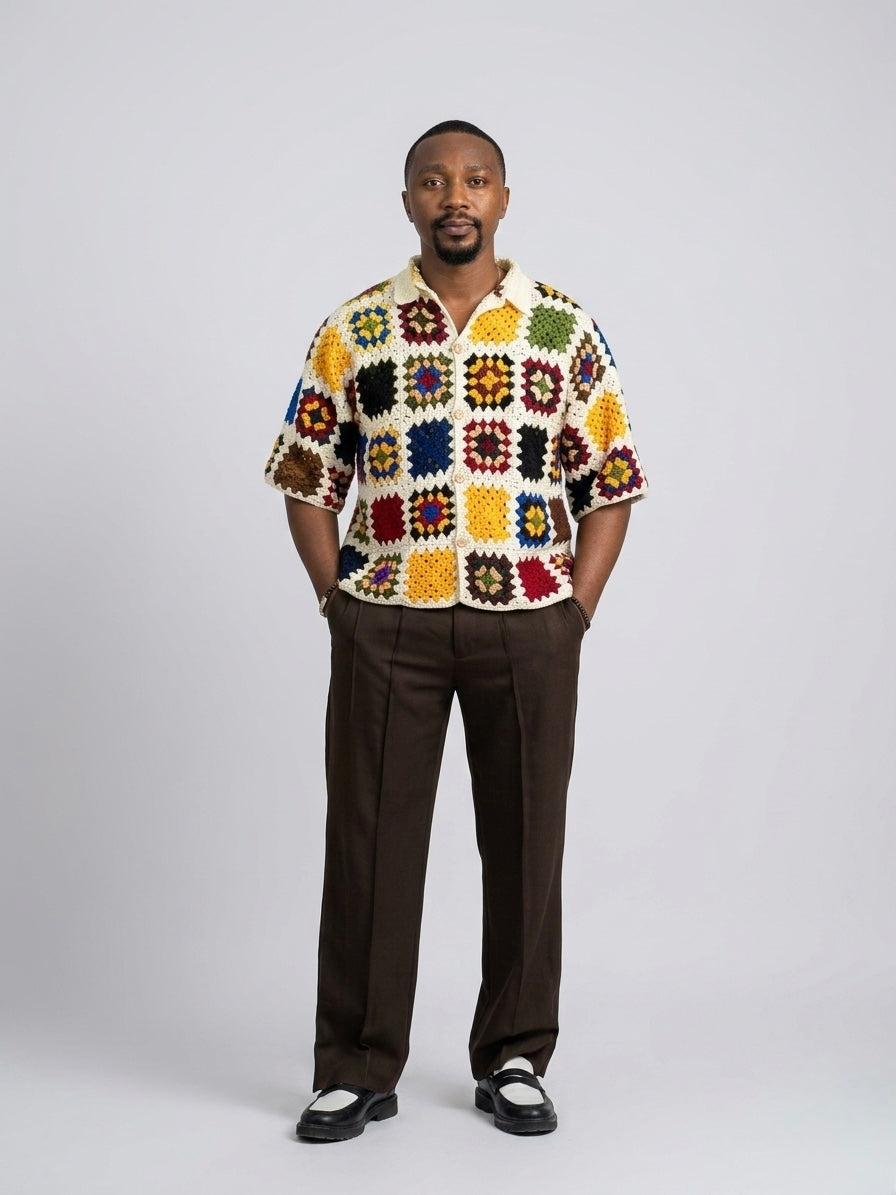 Handmade Granny Square Crochet Crop Shirt for Men – Multicolor on Off-White Base