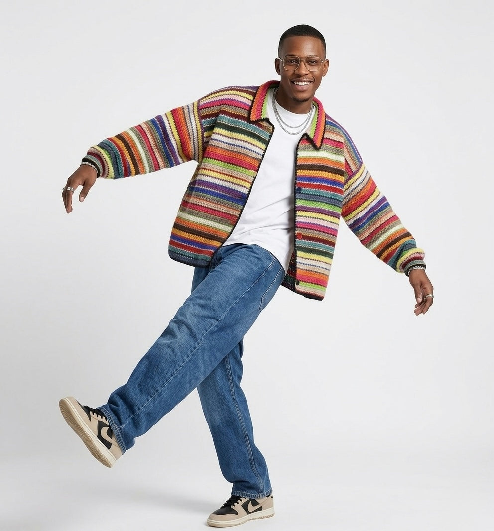 Handmade Multicolor Crochet Jacket for Men – Striped Knit Cardigan