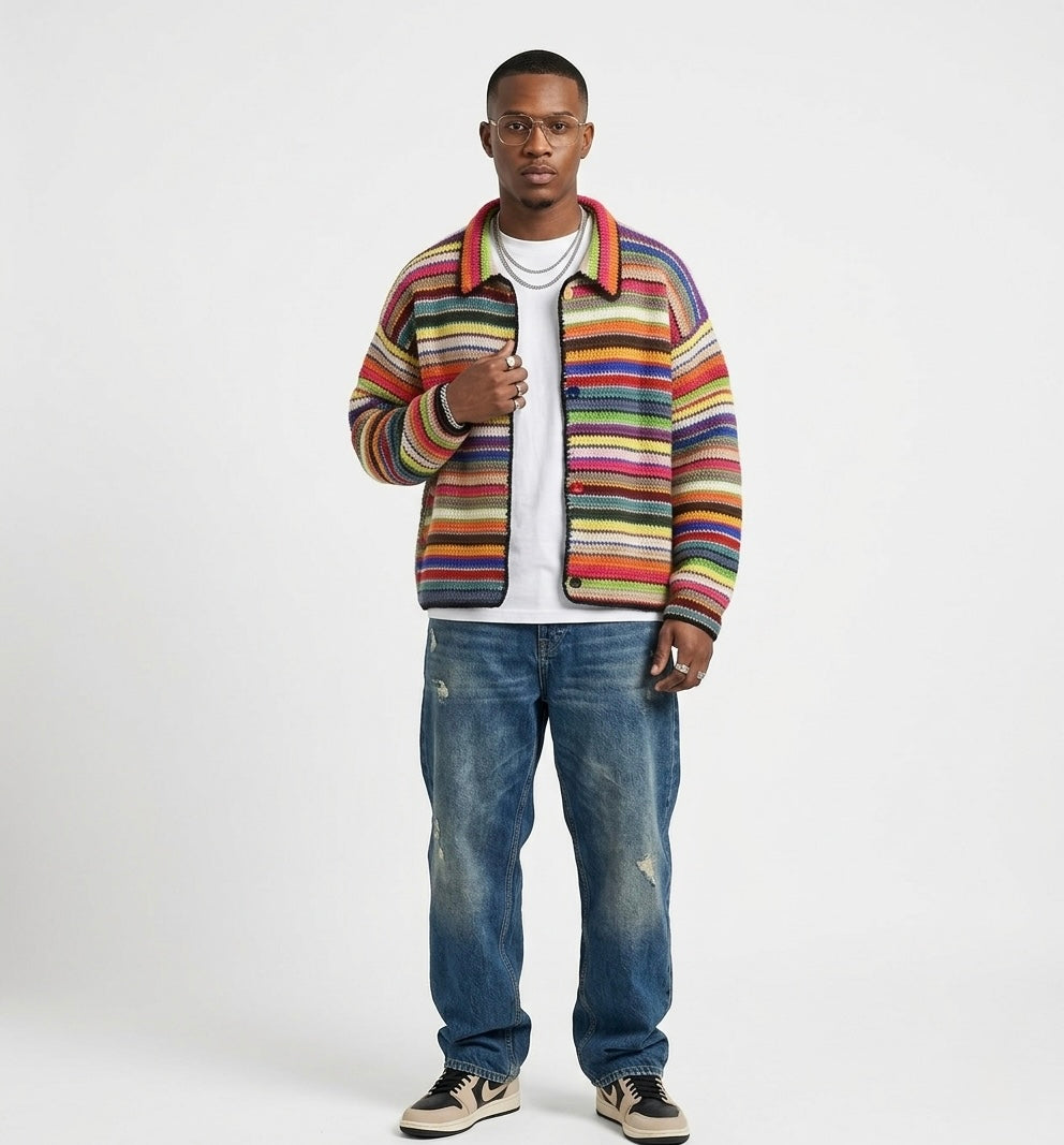 Handmade Multicolor Crochet Jacket for Men – Striped Knit Cardigan