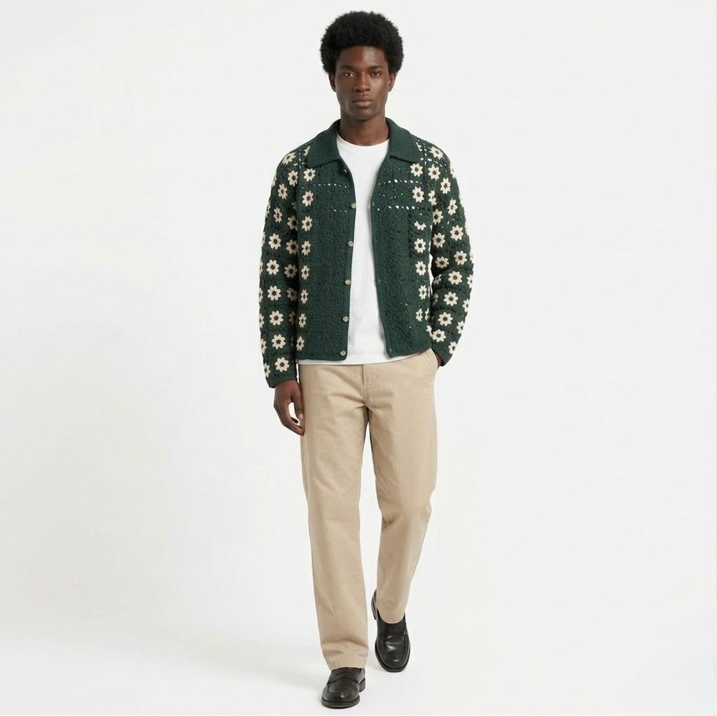 Handmade Granny Square Crochet Shirt Jacket for Men – Forest Green