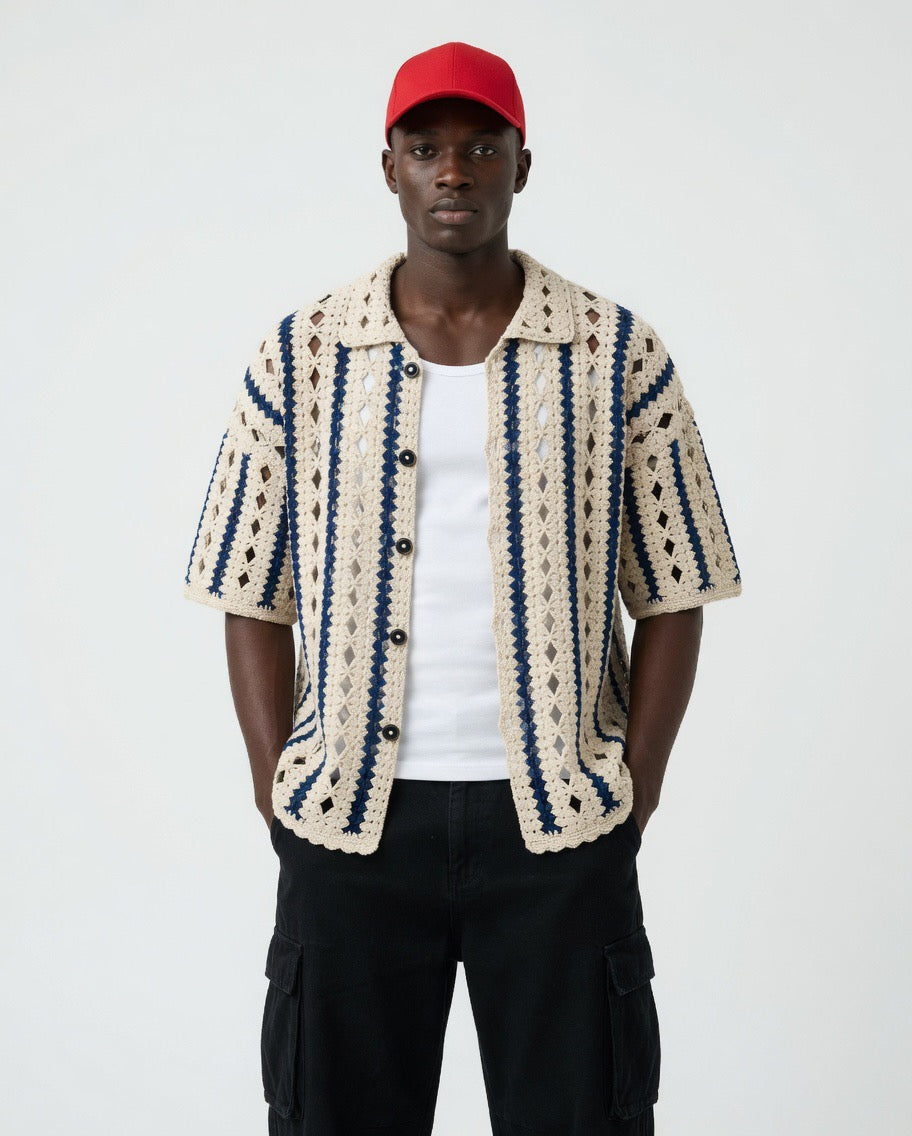 Kairo Sheer Geometric Stripe Crochet Shirt