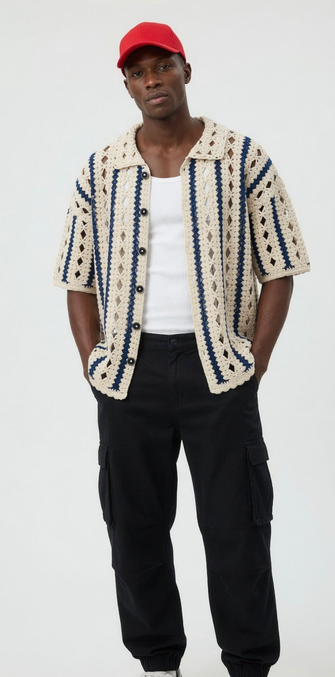 Kairo Sheer Geometric Stripe Crochet Shirt