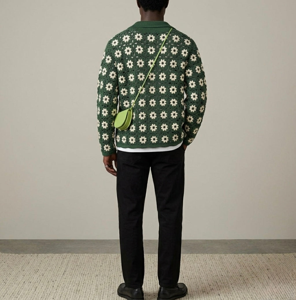 Handmade Granny Square Crochet Shirt Jacket for Men – Forest Green