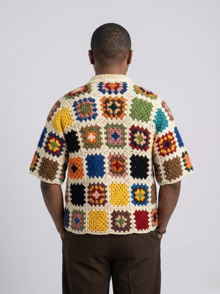 Handmade Granny Square Crochet Crop Shirt for Men – Multicolor on Off-White Base