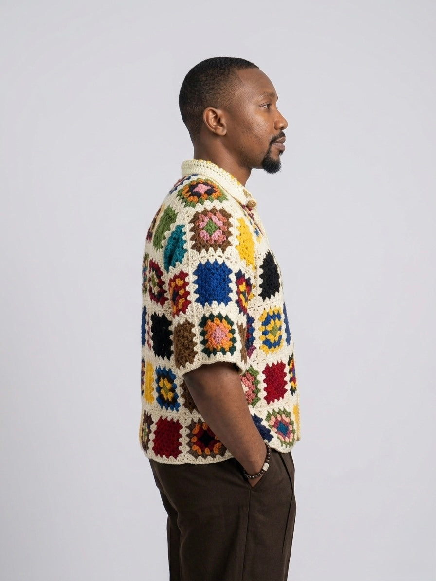 Handmade Granny Square Crochet Crop Shirt for Men – Multicolor on Off-White Base