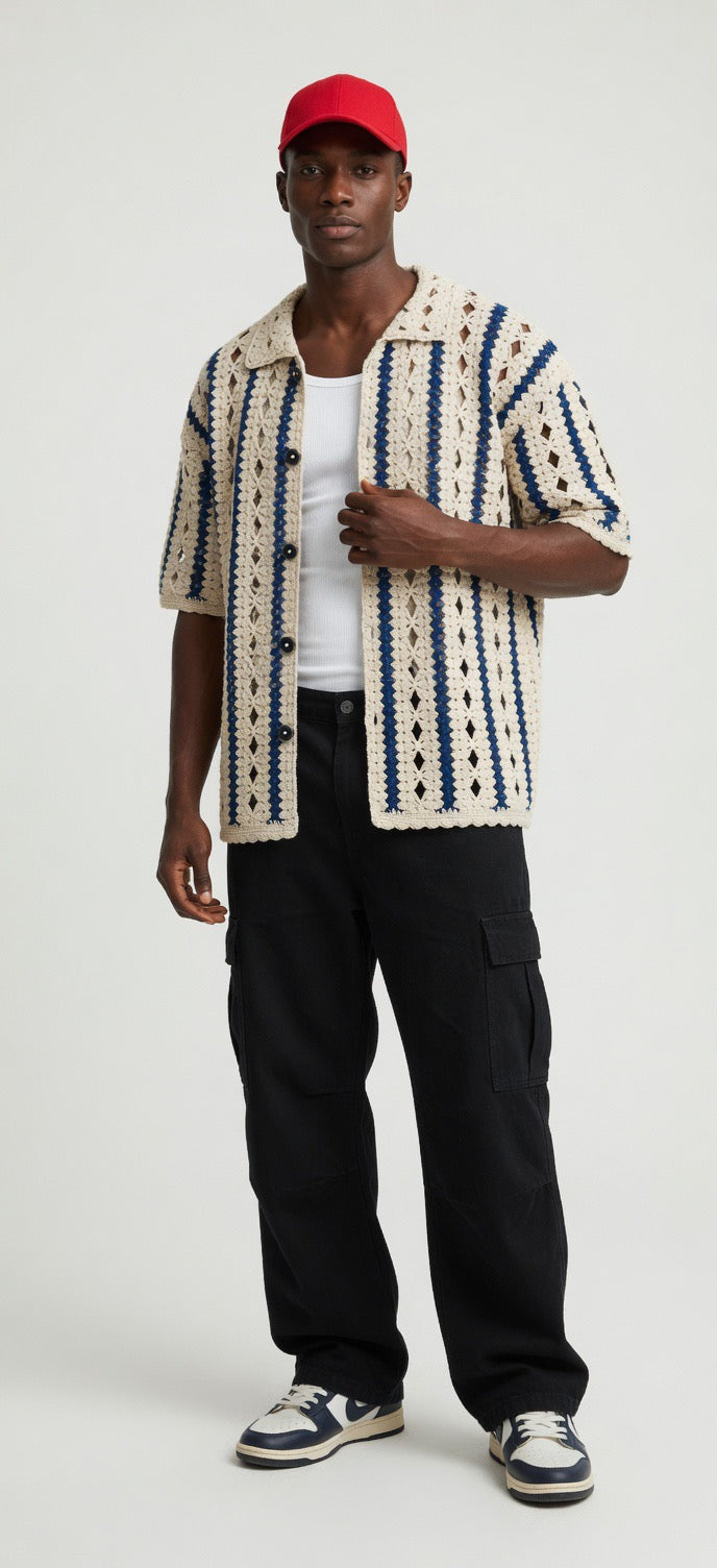 Kairo Sheer Geometric Stripe Crochet Shirt