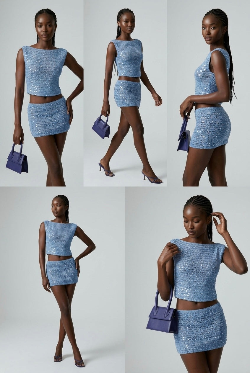 Blue Shimmer Crochet Crop Top & Mini Skirt Set