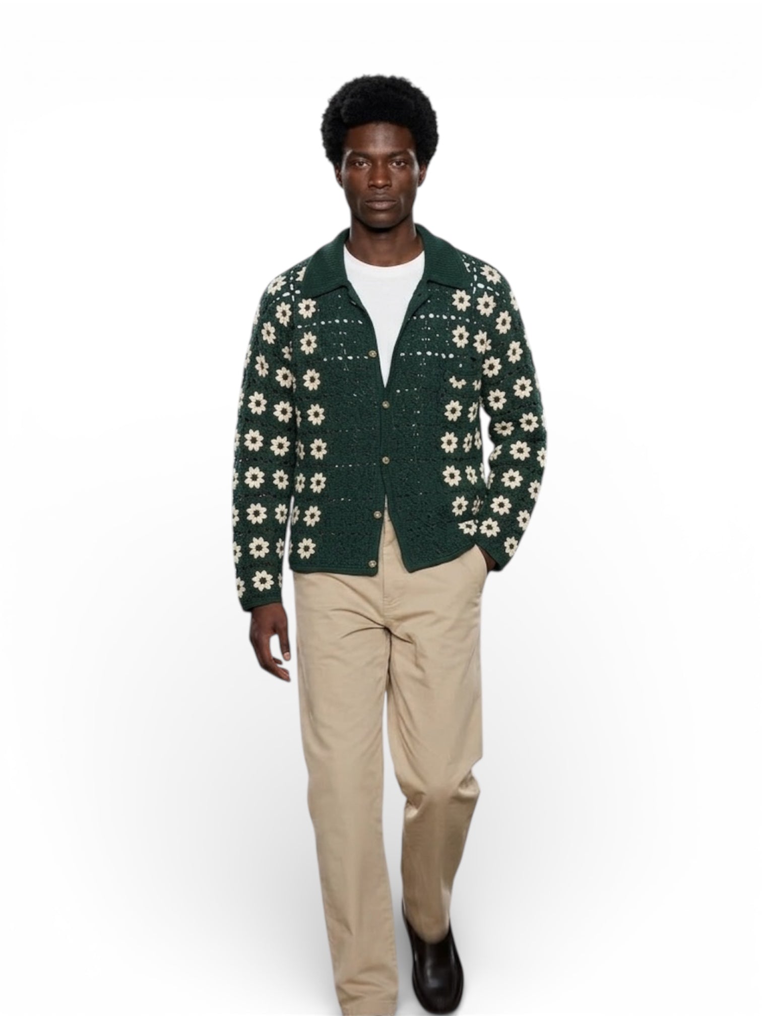 Handmade Granny Square Crochet Shirt Jacket for Men – Forest Green
