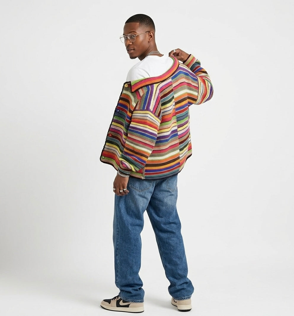Handmade Multicolor Crochet Jacket for Men – Striped Knit Cardigan